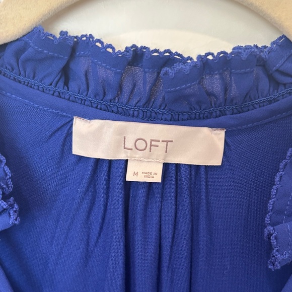 LOFT Deep Blue Ruffle Neck Blouse - Picture 3 of 4